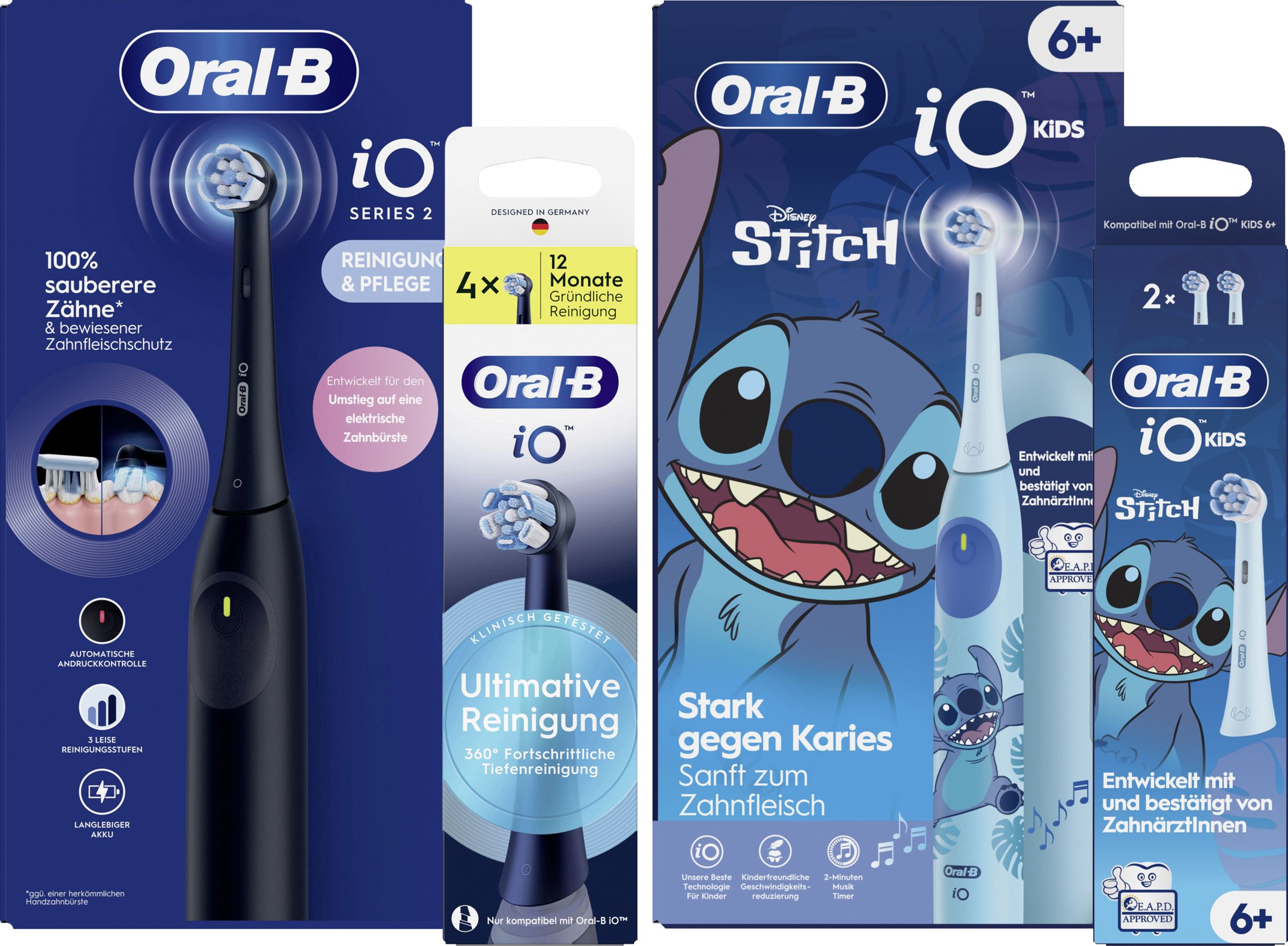 iO Series 2 Night Black+رؤوس فرشاة iO 4 قطع+iO Kids 6+ Stitch+رؤوس فرشاة 2 قطع Stitch