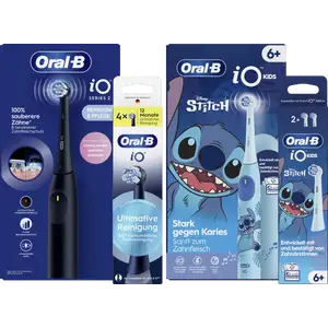 iO Series 2 Night Black+رؤوس فرشاة iO 4 قطع+iO Kids 6+ Stitch+رؤوس فرشاة 2 قطع Stitch