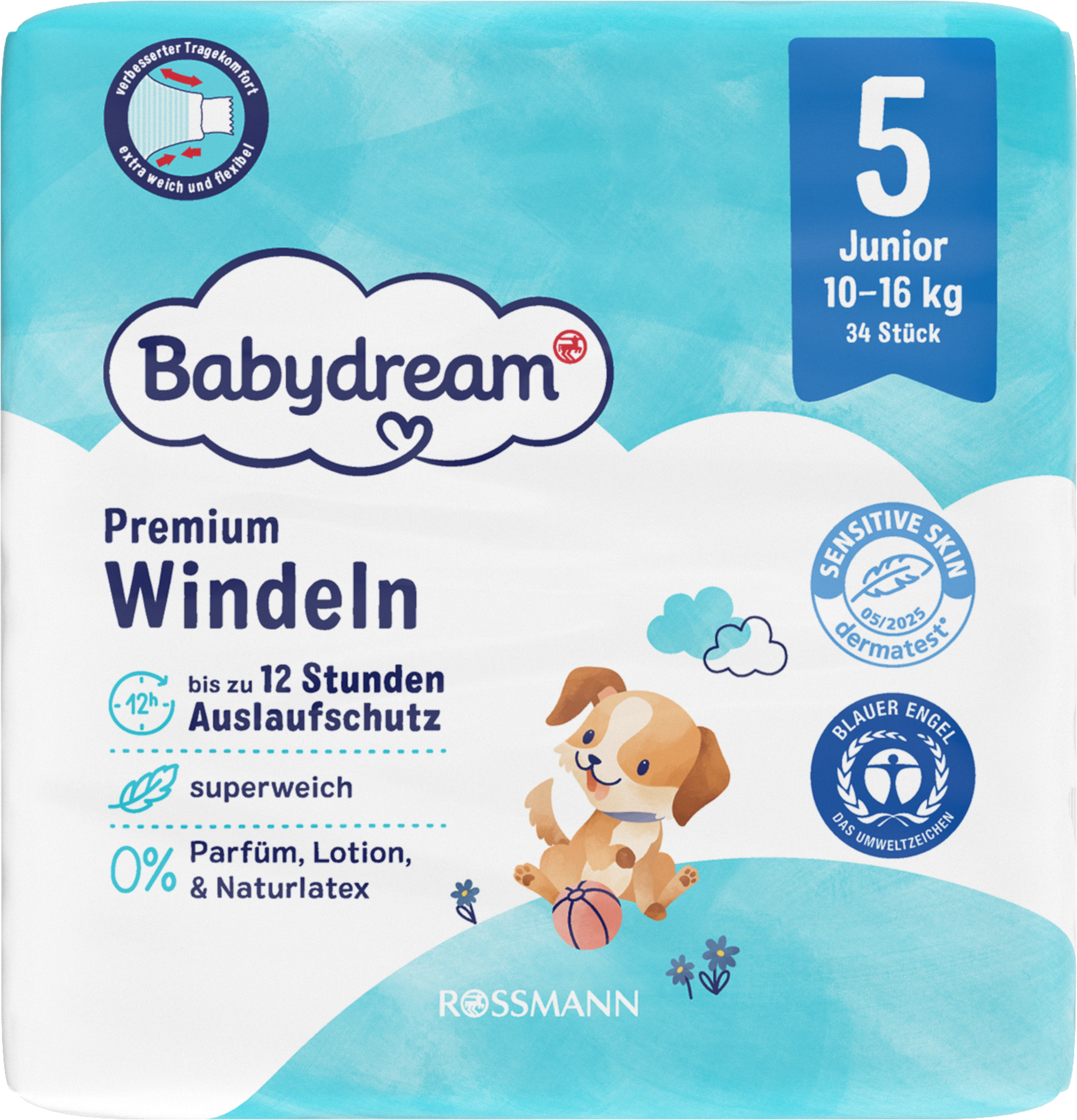 Babydream Premium Windeln Größe 5 Junior, 34 Stück, 10-16 kg
