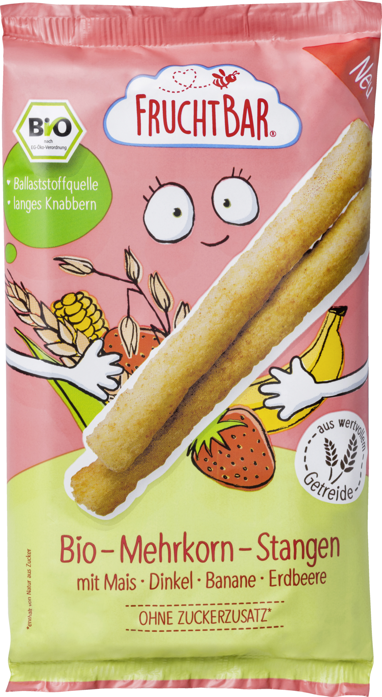 FruchtBar Bio-Mehrkorn-Stangen Mais Dinkel Banane Erdbeere