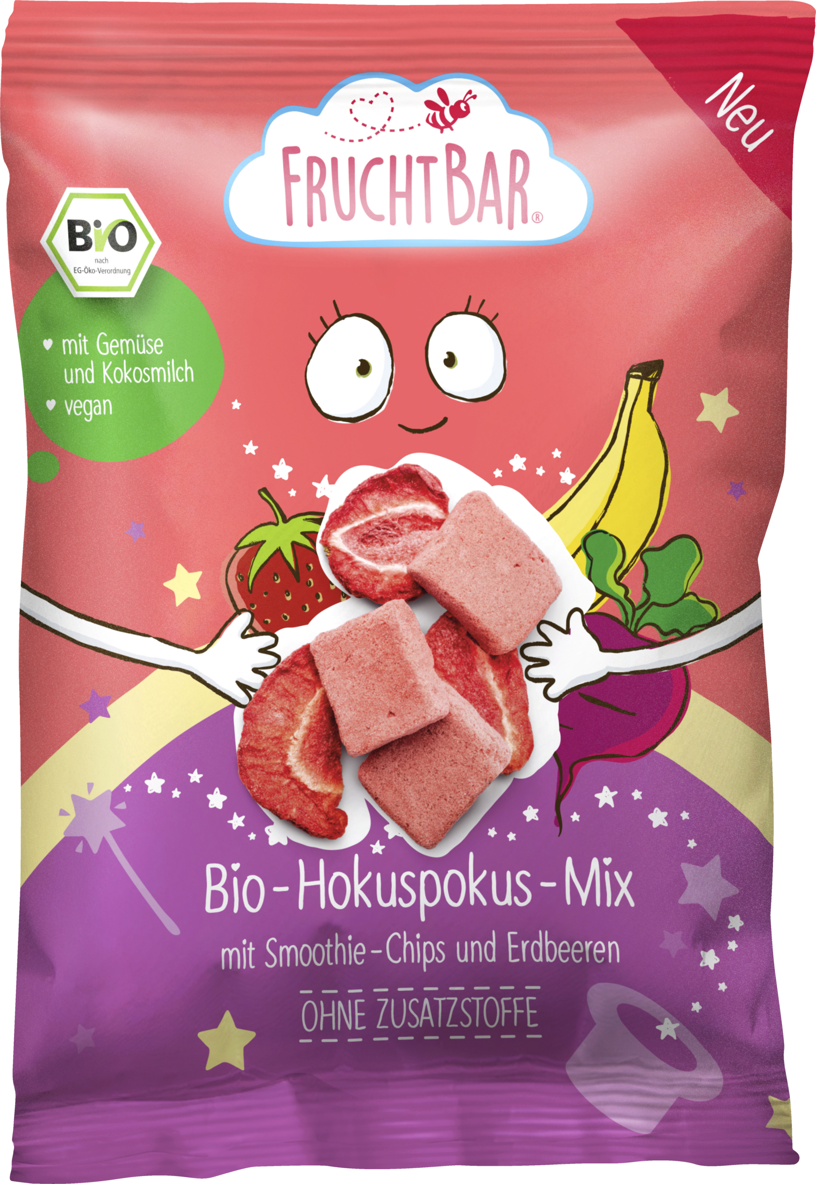 FruchtBar Bio-Hokuspokus-Mix mit Smoothie-Ships und Erdbeeren