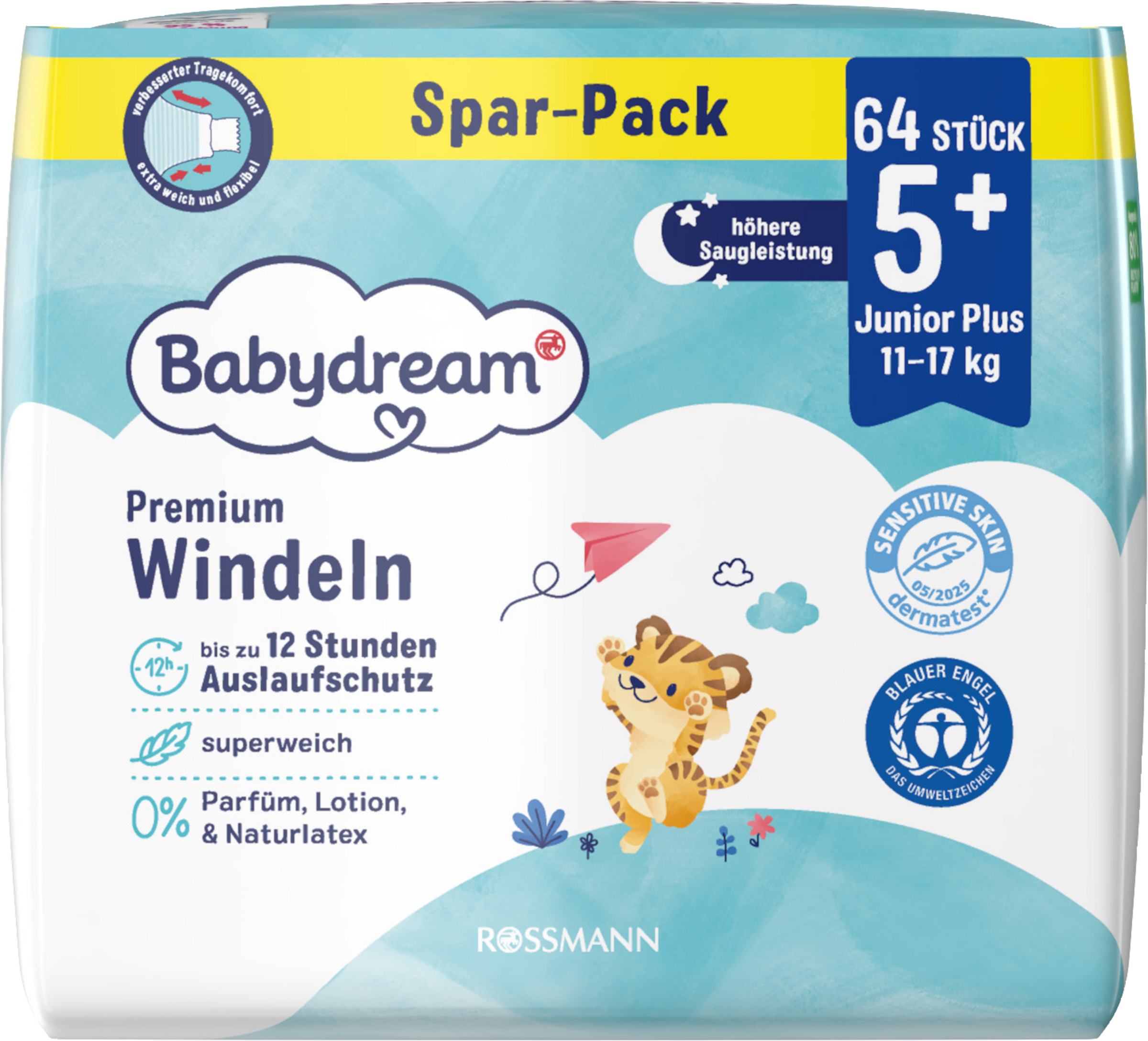 Premium Windeln Größe 5+ Junior+ Jumbo, 64 Stück, 11-17 kg