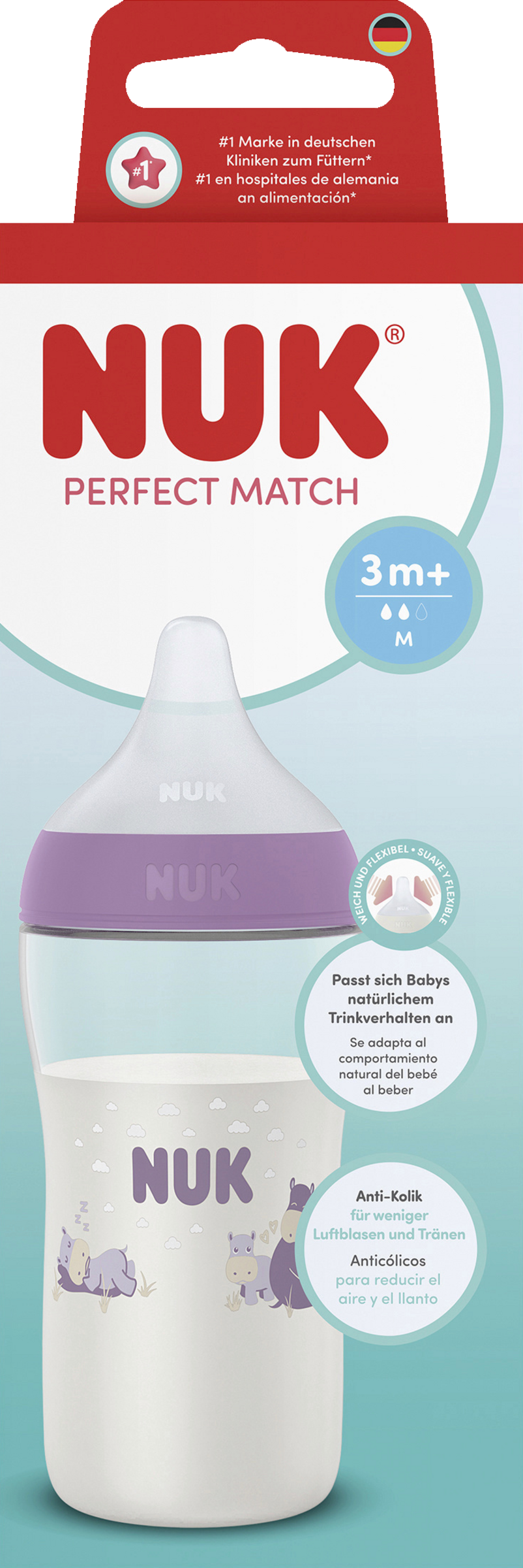 NUK Perfect Match Babyflasche Nilpferd ab 3 Monaten, 260 ml