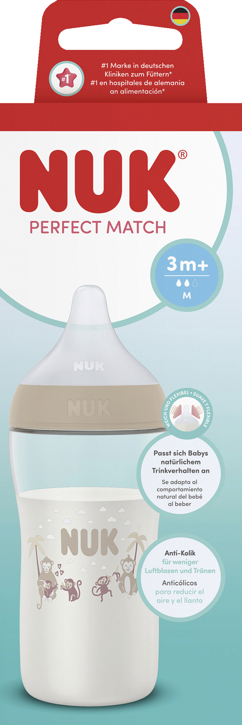 NUK Perfect Match Babyflasche Affe ab 3 Monaten, 260 ml