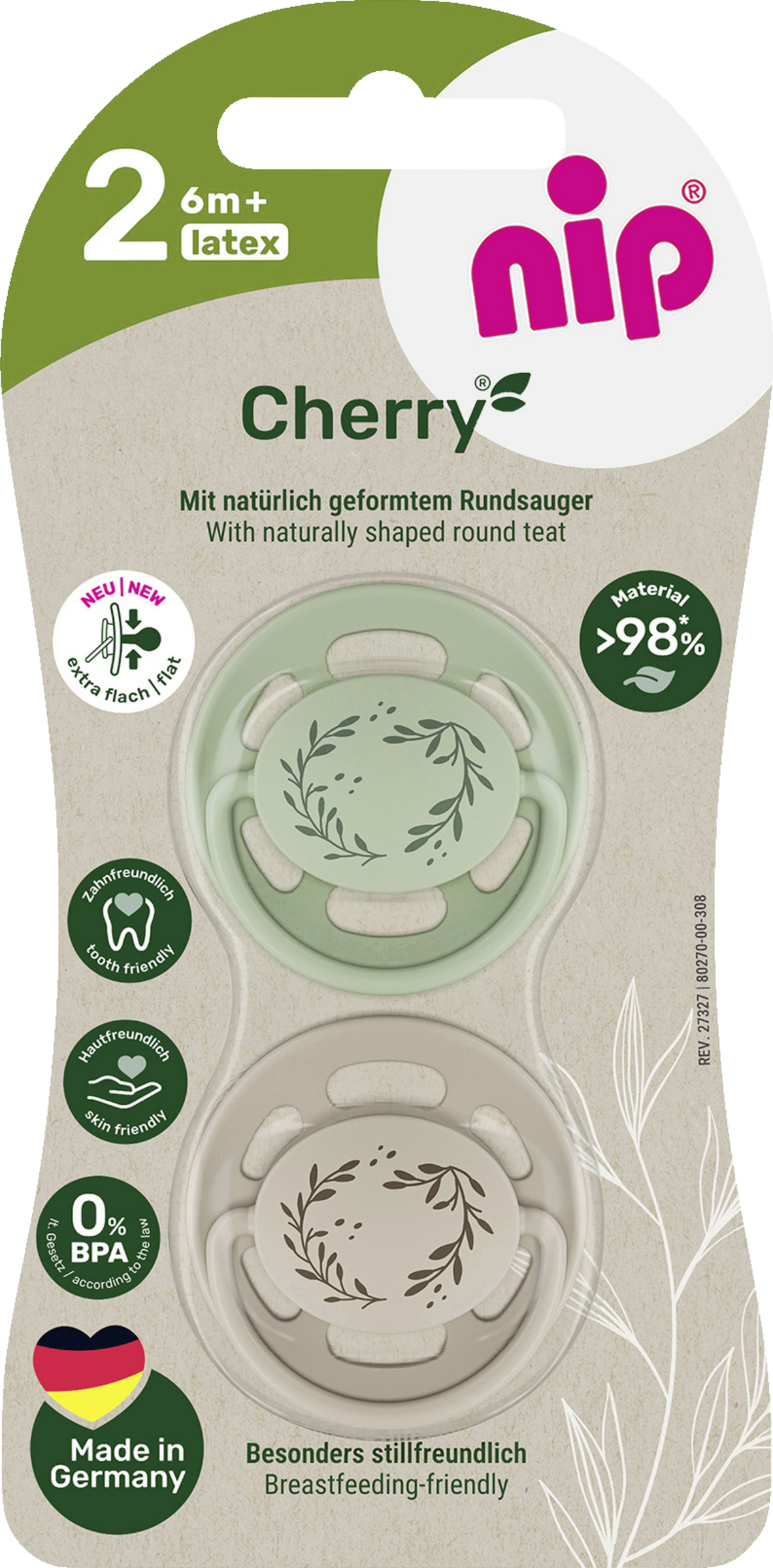 nip Cherry Greenline Schnuller Gr. 2 (ab 6+ Monaten) Grün/Braun