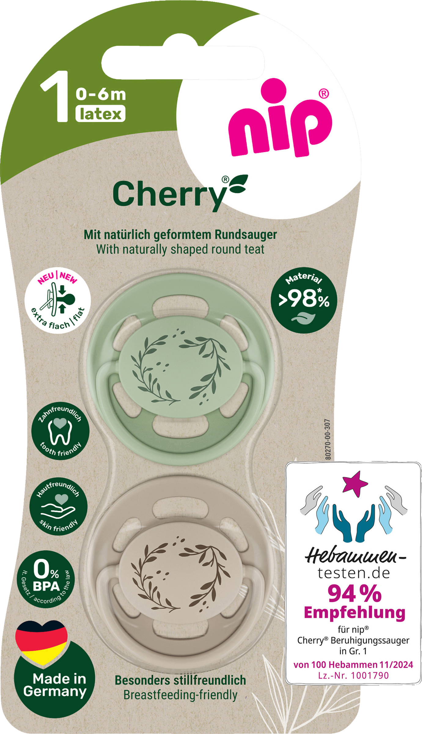 nip Cherry Greenline Schnuller Gr. 1 (0-6 Monate) Grün/Braun
