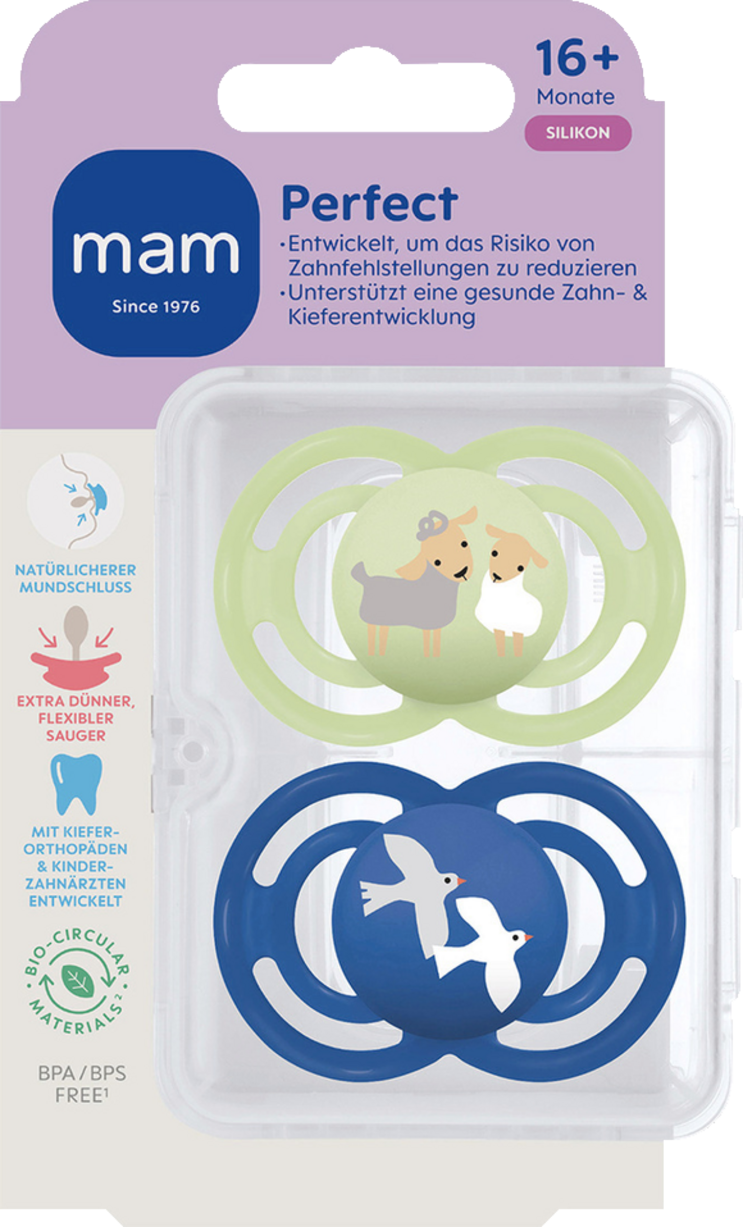 MAM Schnuller Perfect Silikon, 16+ Mon., Schafe/Vögel