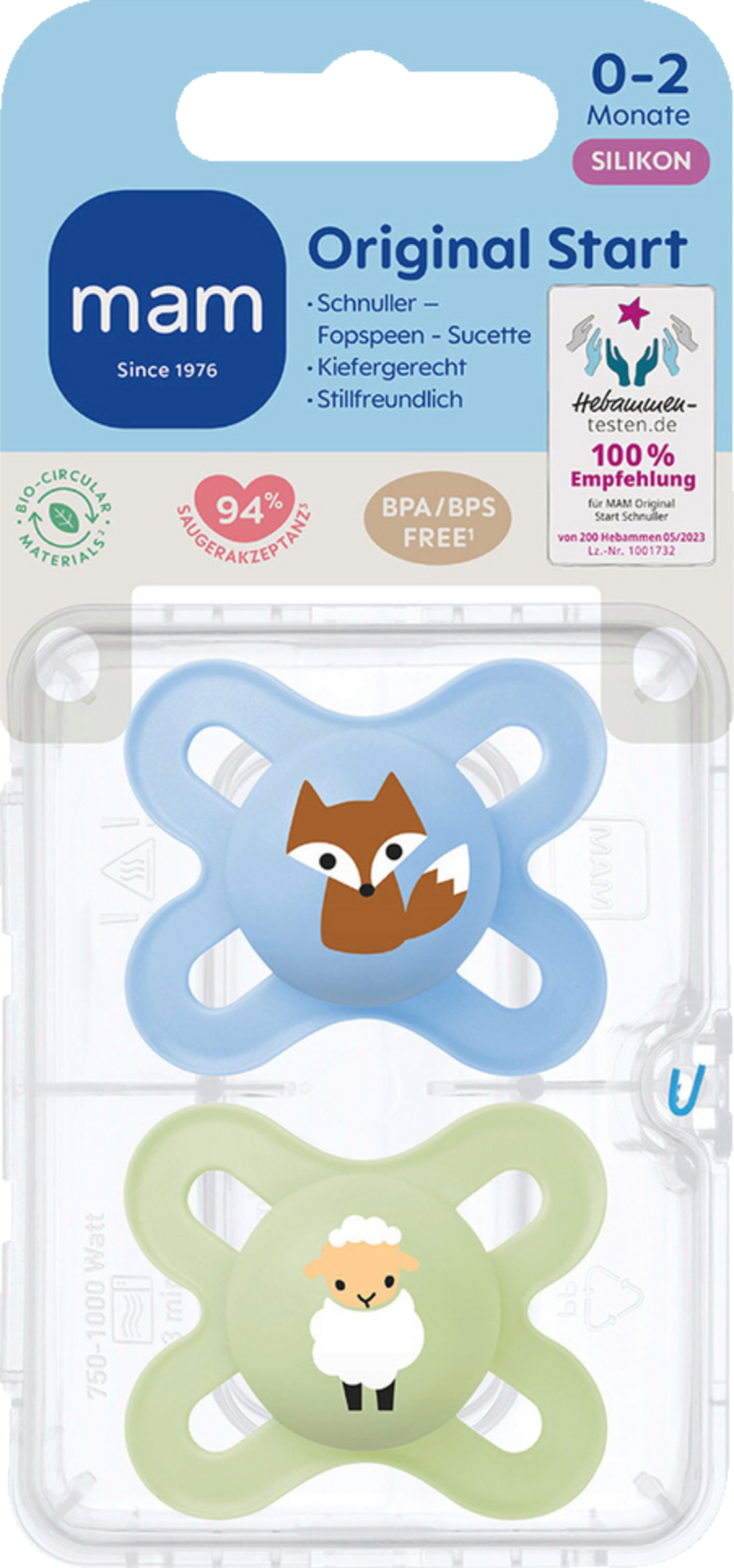 MAM Schnuller Original Start Silikon, 0-2 Mon., Fuchs/Schaf