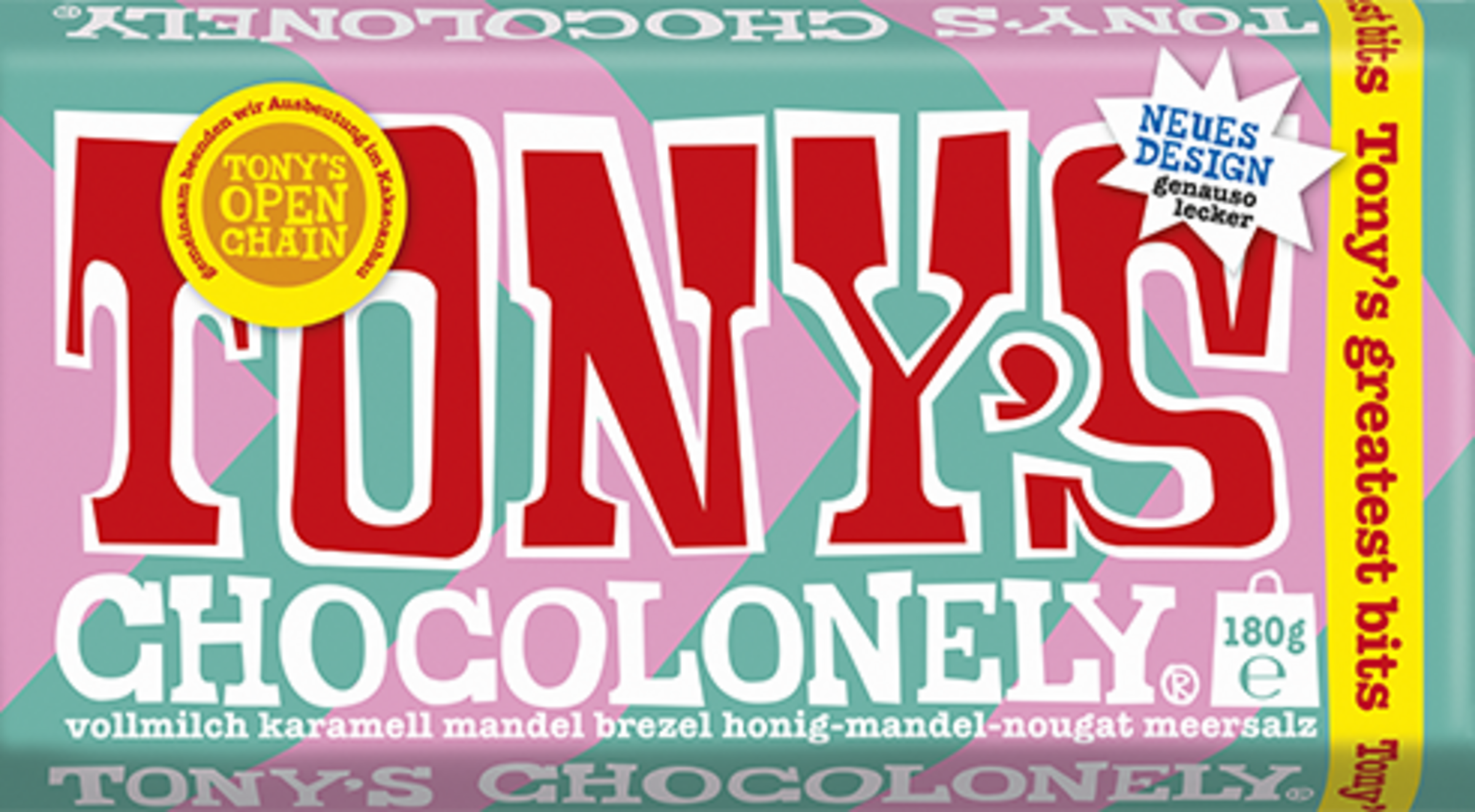 Tony’s Chocolonely Vollmilchschokolade 32% Karamell Mandel Brezel Honig-Mandel-Nougat Meersalz