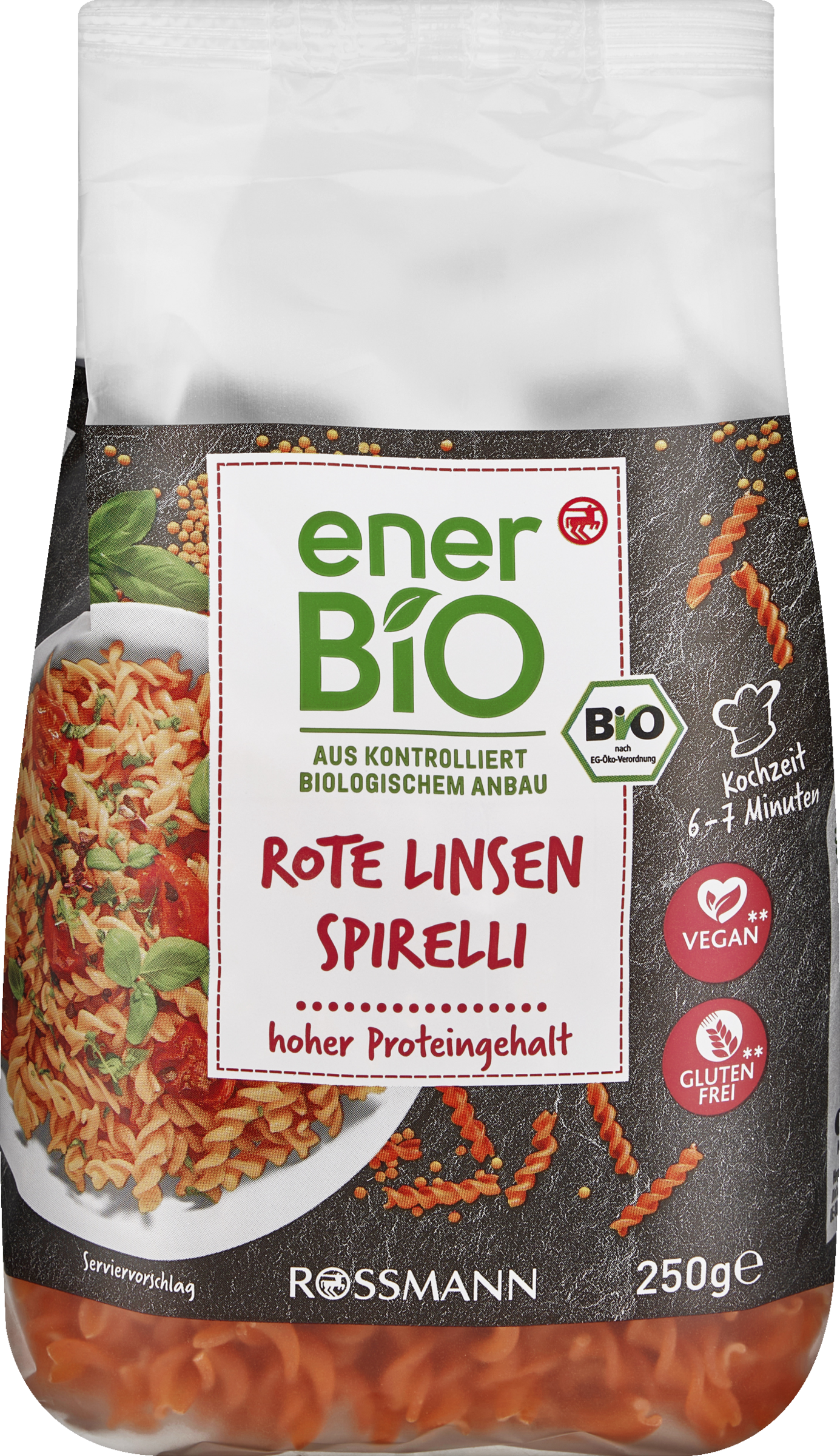 enerBiO Rote Linsen Spirelli, glutenfrei, hoher Proteingehalt, vegan, Bio, 250 g