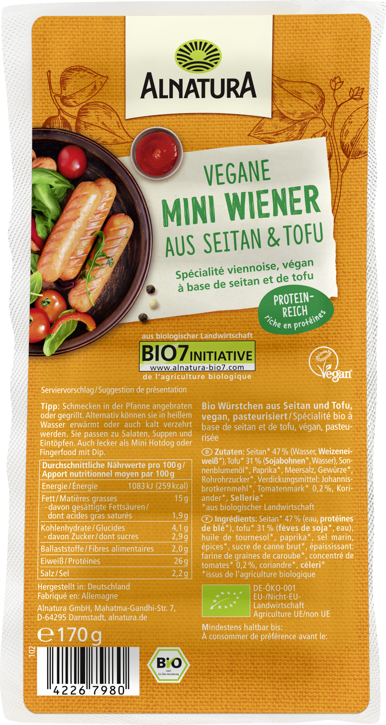 Alnatura Bio vegane Mini Wiener aus Seitan & Tofu