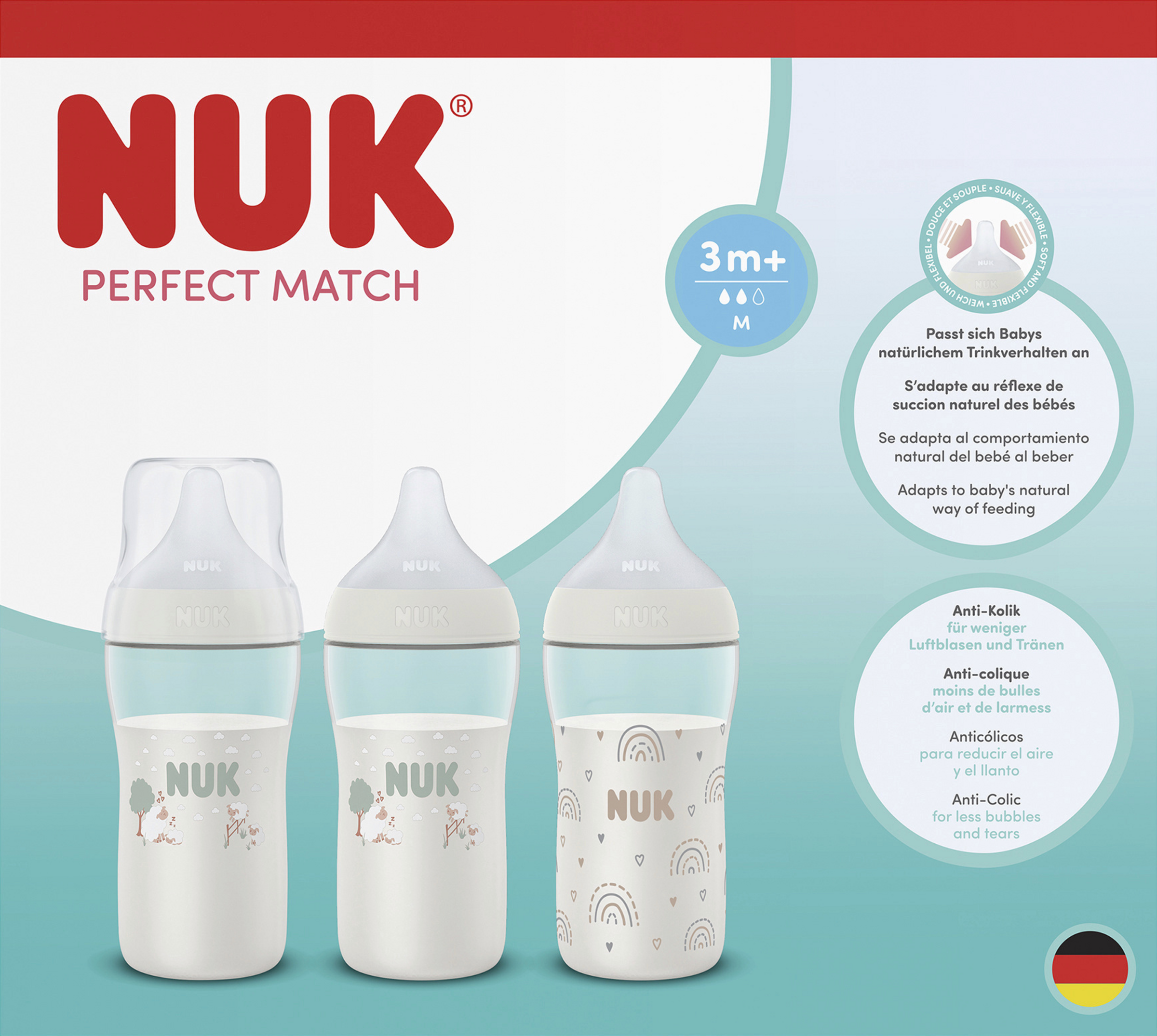 NUK Perfect Match Multi Pack Babyflaschen Regenbogen & Schafe ab 3 Monaten, 260 ml