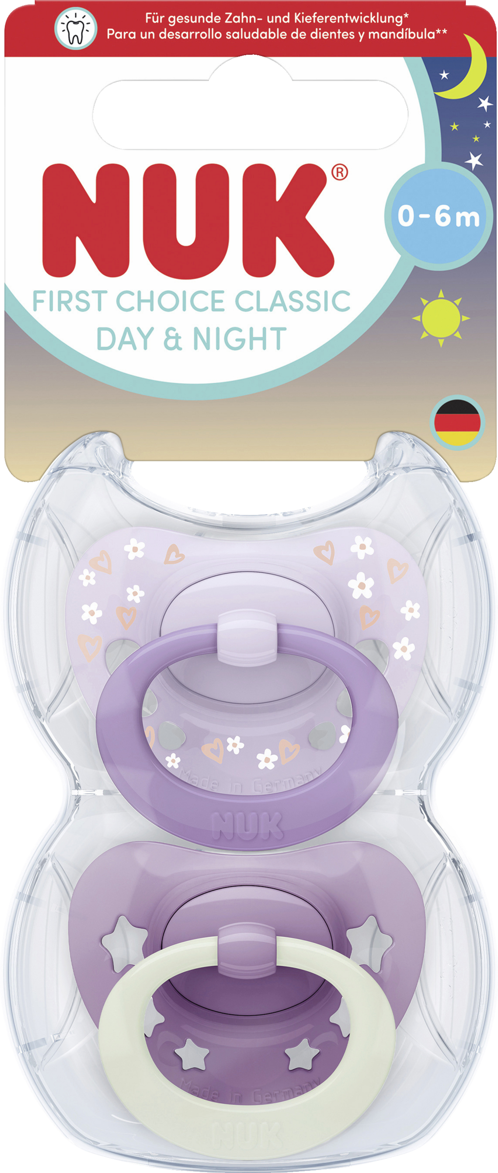 NUK First Choice Classic Day & Night Silikon-Schnuller, lila 0-6 Monate