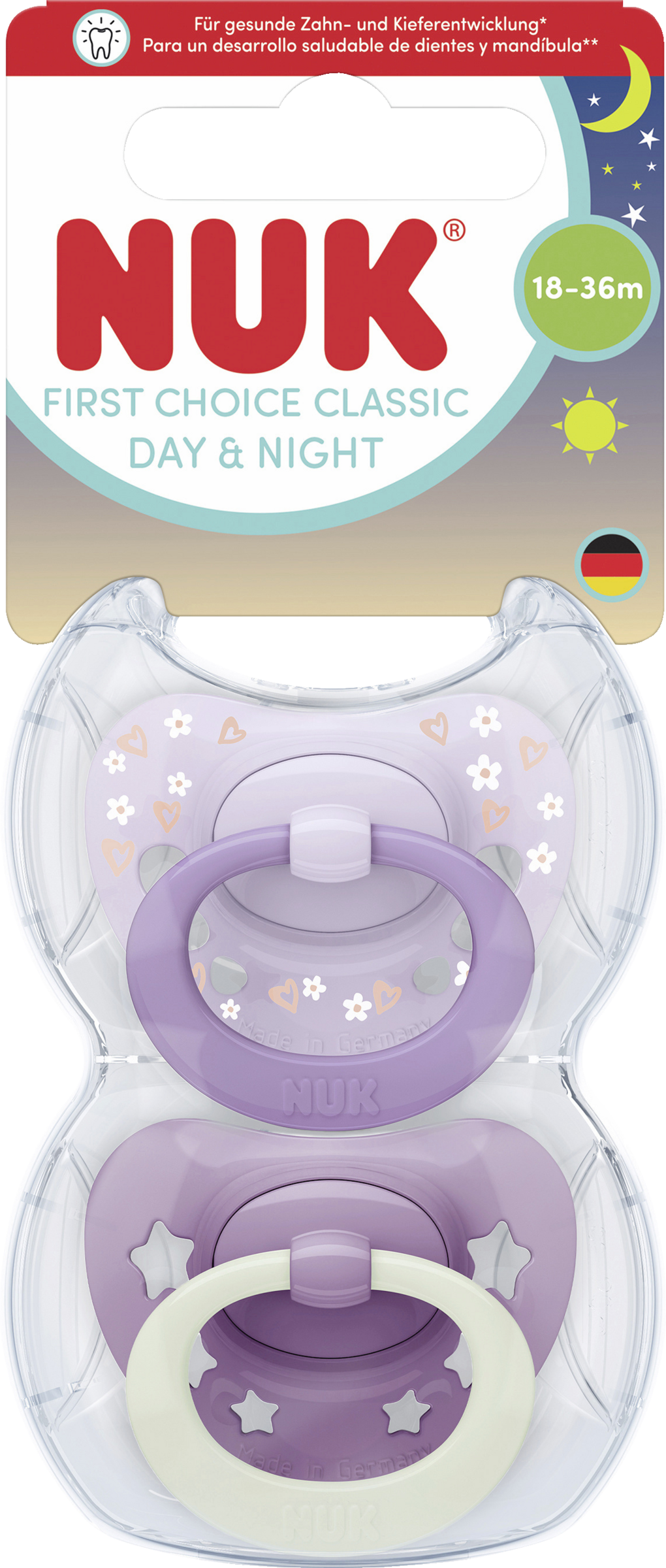 NUK First Choice Classic Day & Night Silikon-Schnuller, lila 18-36 Monate