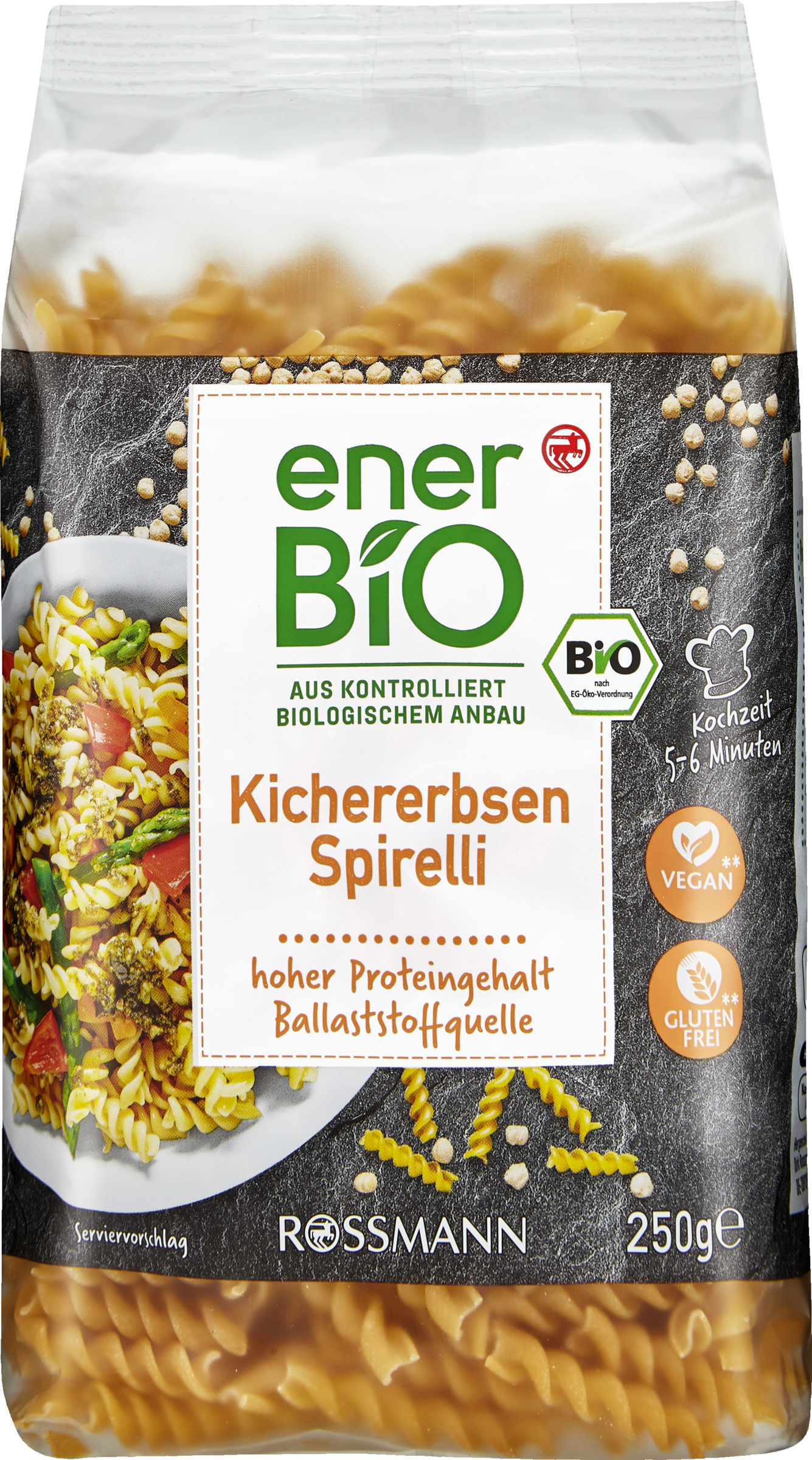 Kichererbsen Spirelli Nudeln, hoher Proteingehalt, glutenfrei, vegan, Bio, 250 g