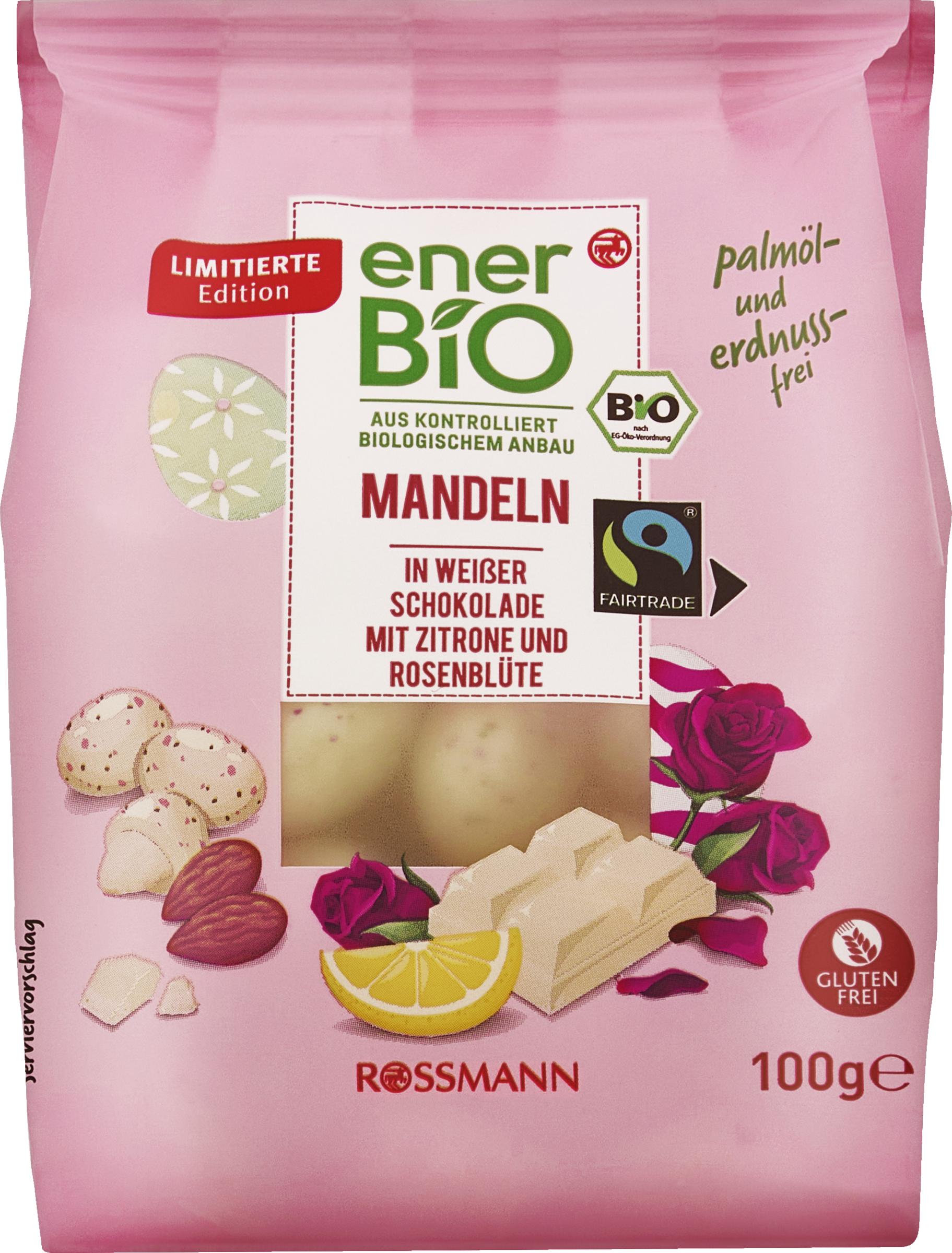 enerBiO Mandeln in weißer Schokolade mit Zitrone & Rosenblüte