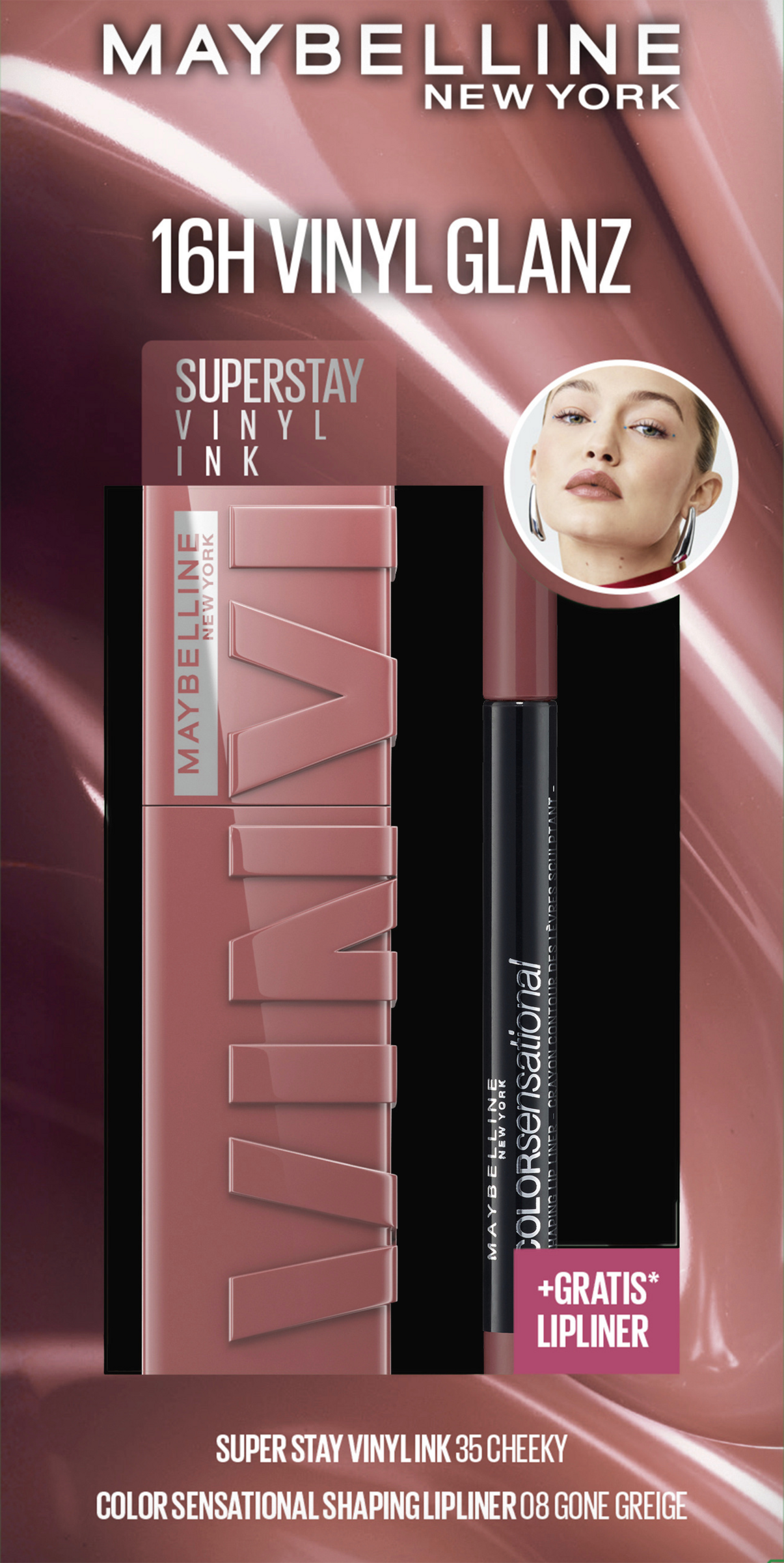 Maybelline New York 2in1 Set: Super Stay Vinyl Ink 35 Cheeky + Color Sensational Shaping Lipliner 08 Gone Greige