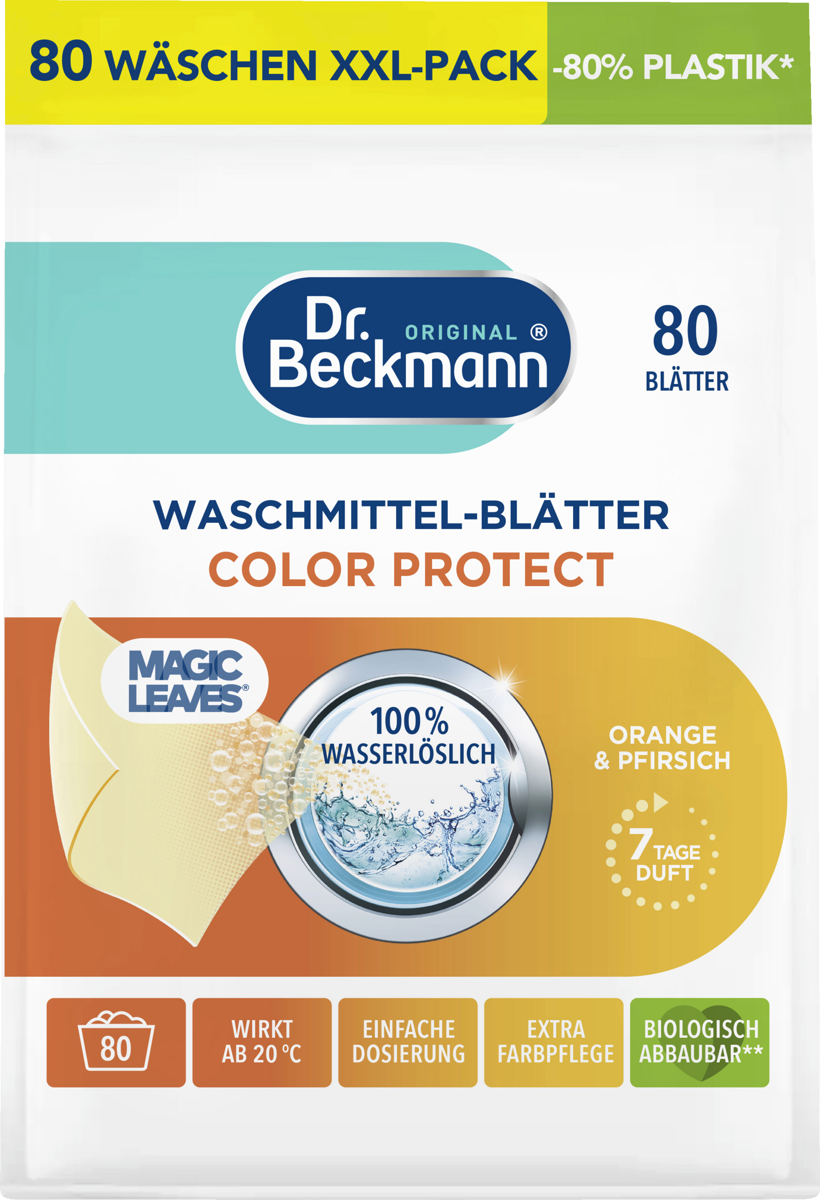 Dr. Beckmann Magic Leaves Waschmittel-Blätter Color Protect Orange & Pfirsich XXL-Pack 80 WL