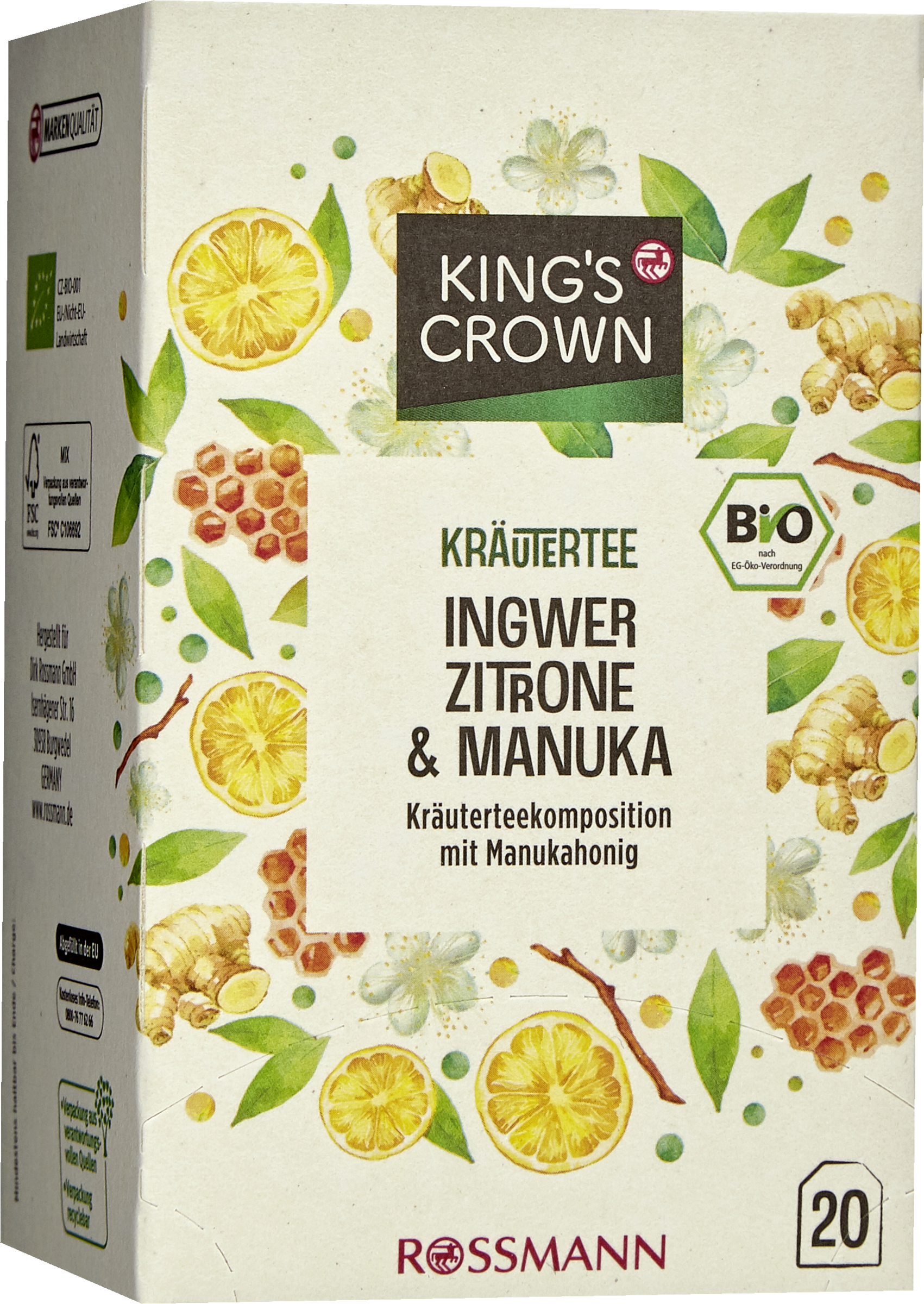 KING'S CROWN Bio Kräutertee Ingwer, Zitrone & Manuka