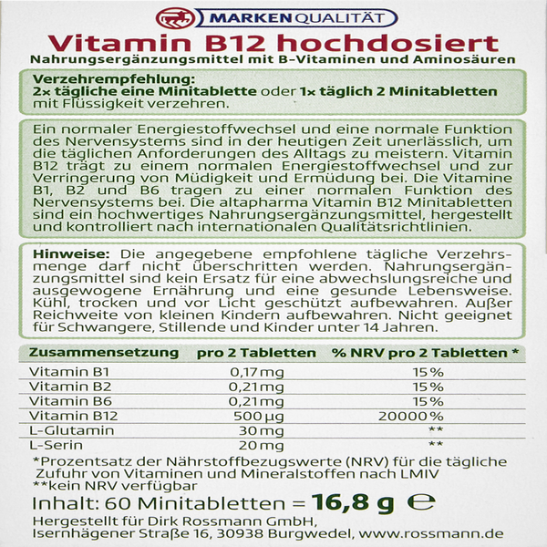 Altapharma Vitamin B12 Hochdosiert 60 Minitabletten Online Kaufen Rossmann De