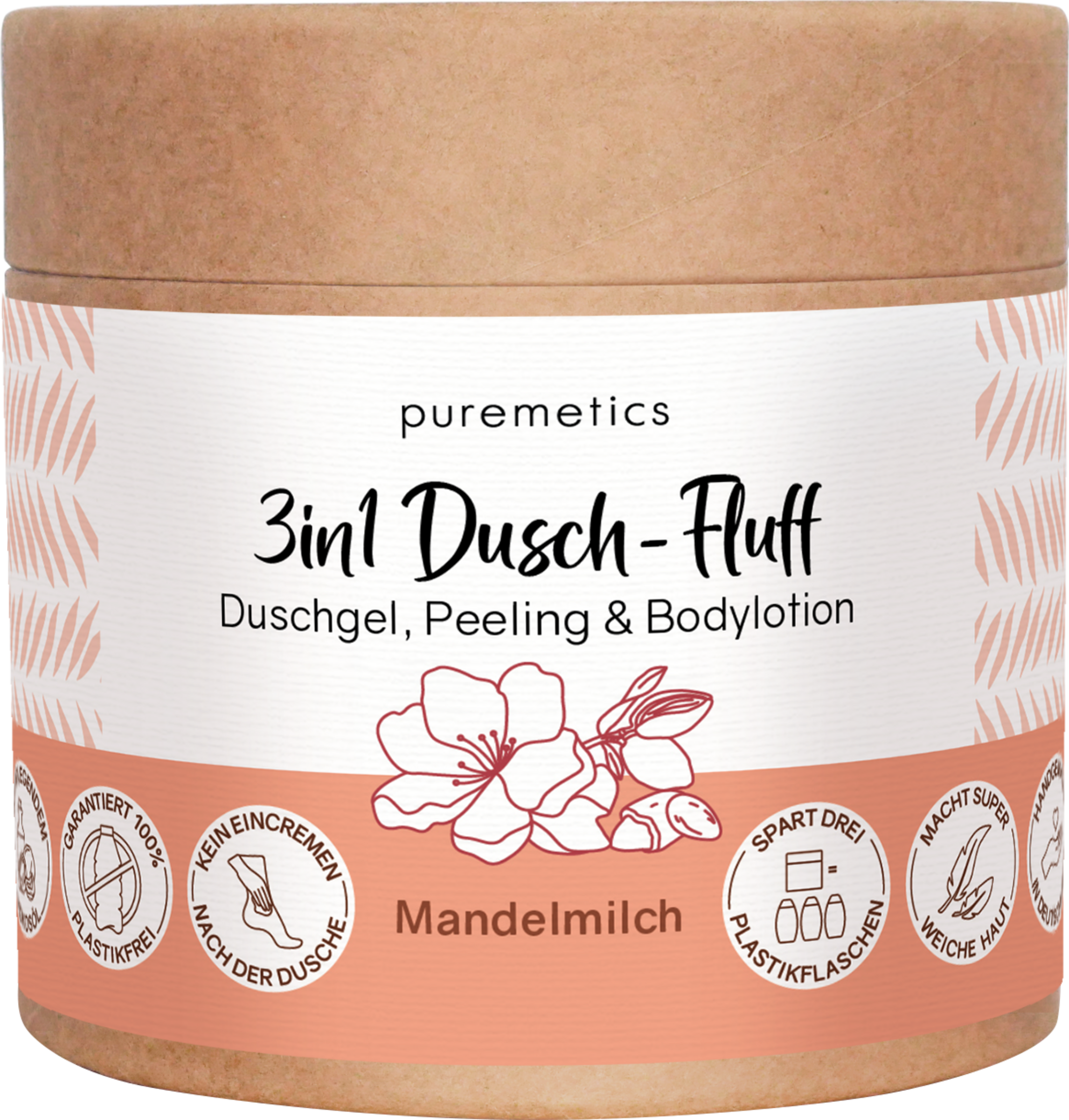 puremetics 3in1 Dusch-Fluff Mandelmilch mit Zuckerpeeling