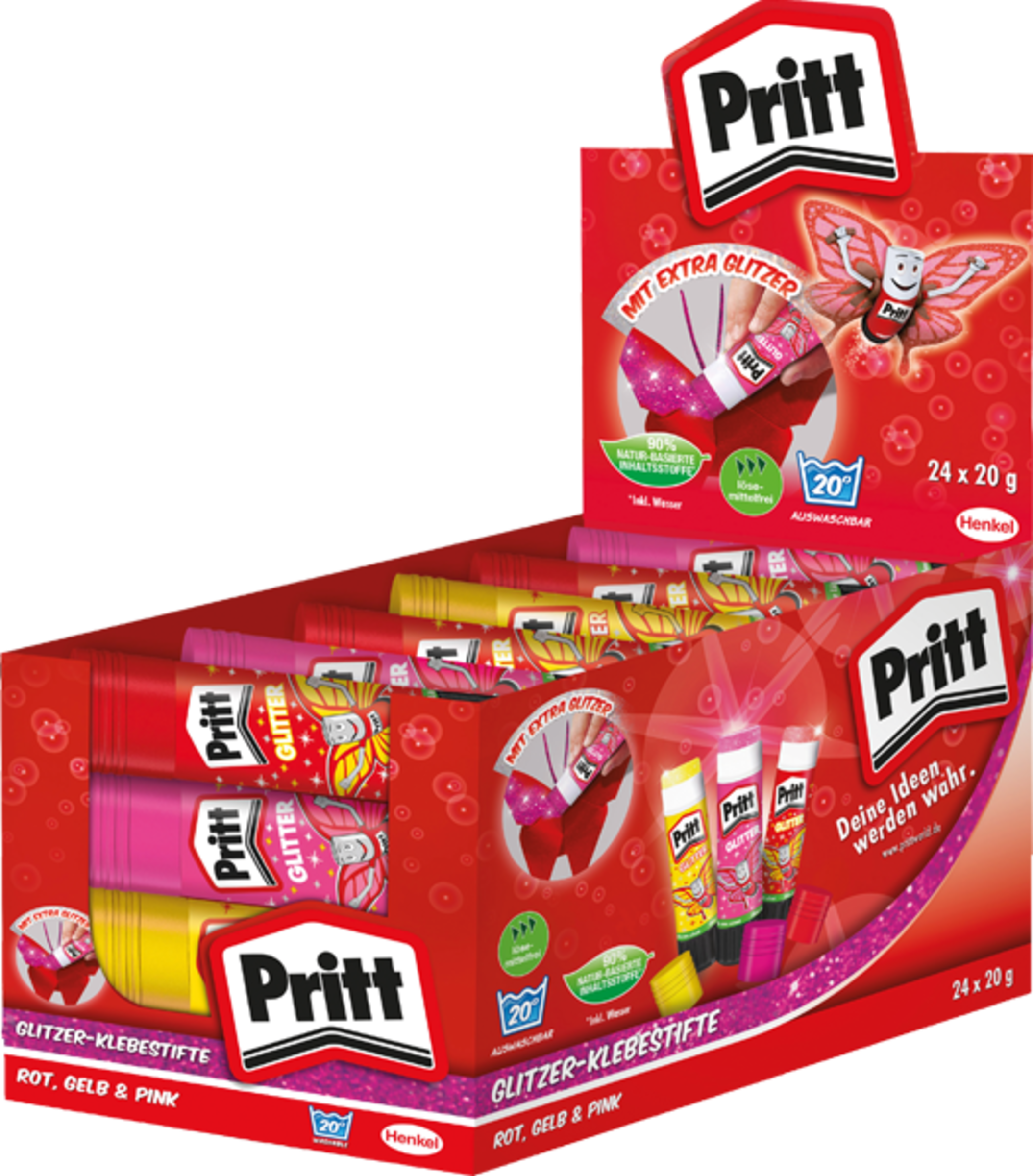 Pritt Glitzer Klebestifte Gelb, Rot, Pink