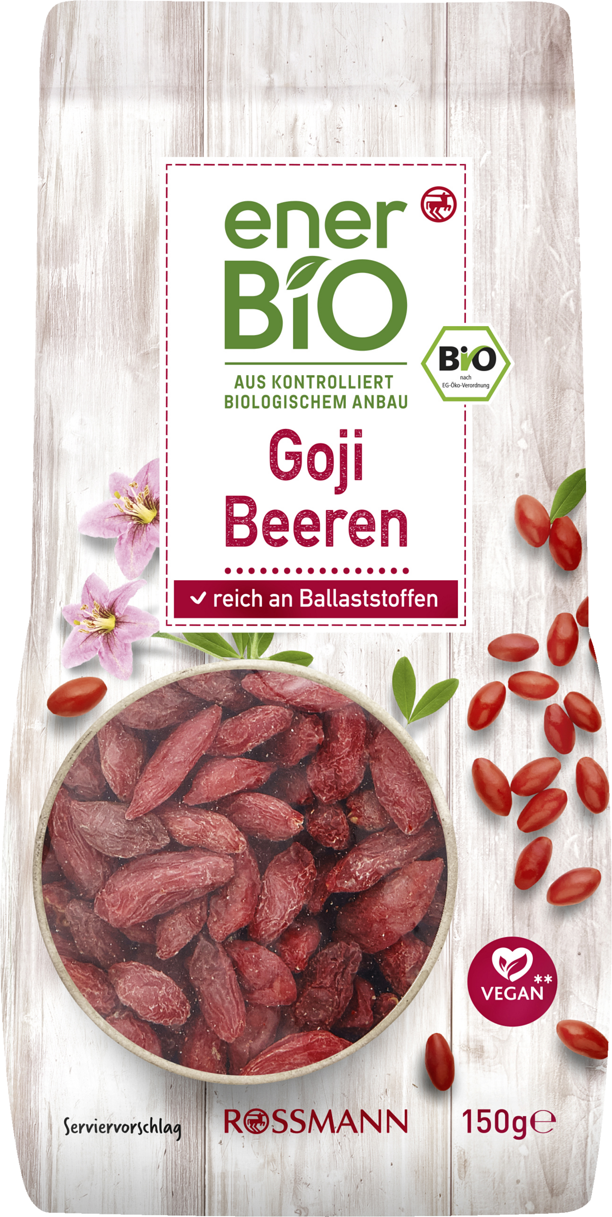 enerBiO Goji Beeren, Bio, reich an Ballaststoffen, vegan, 150 g