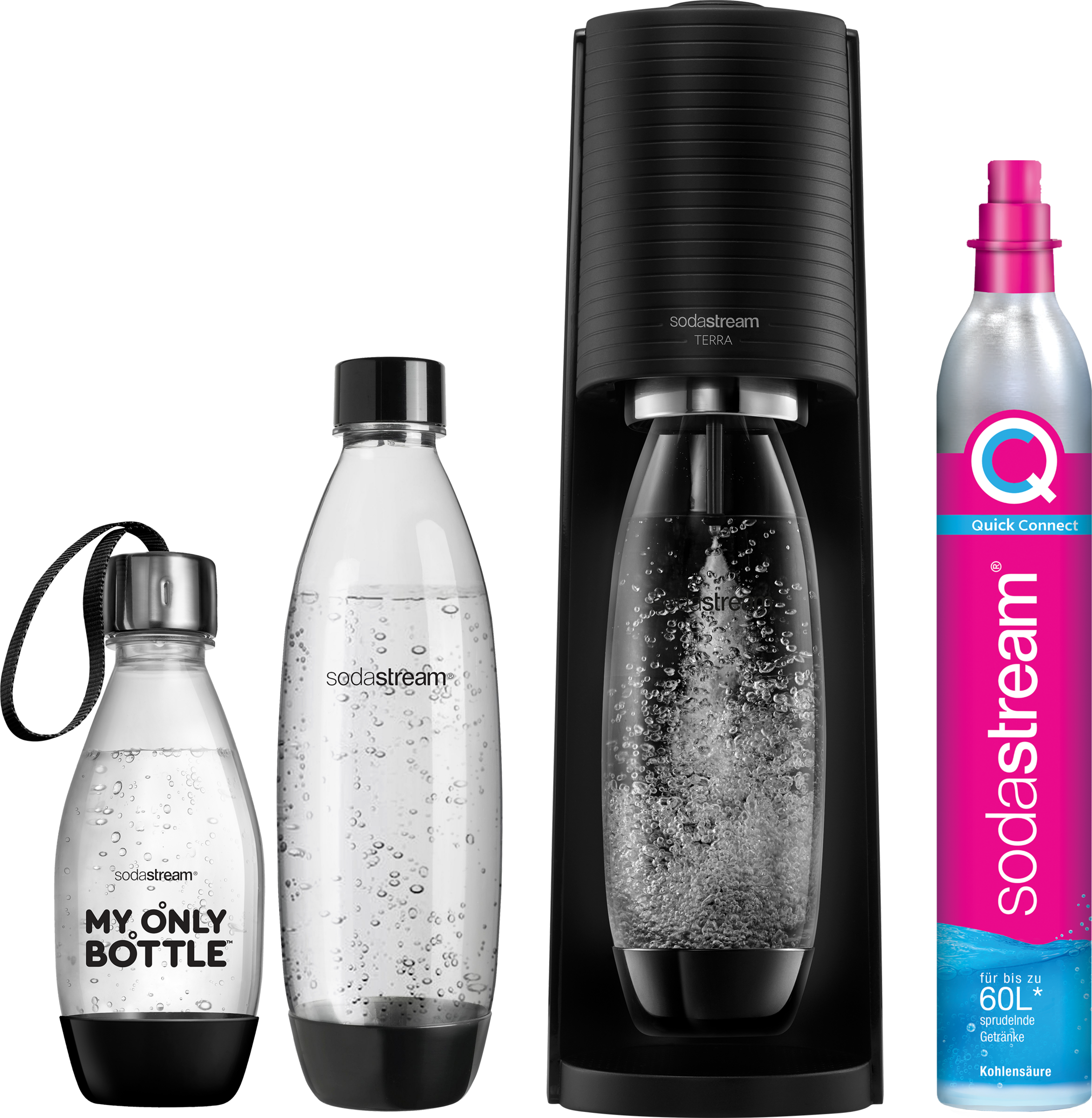 SodaStream Terra Wassersprudler Vorteilspack, Quick-Connect CO2-Zylinder, spülmaschinenfeste Flaschen, schwarz