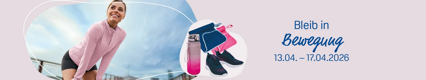 Banner zur Aktionswoche Bleib in Bewegung vom 13.04. bis 17.04.2026 mit einer sportlichen Frau und einer Auswahl an Sportartikeln wie Trinkflasche und Sportschuhen.