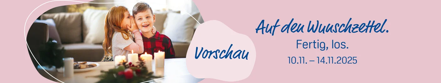 Vorschau-Banner für die IDEENWELT 'Auf den Wunschzettel. Fertig, los.' vom 10.11.–14.11.2025, mit einem Mädchen, das einem Jungen etwas ins Ohr flüstert