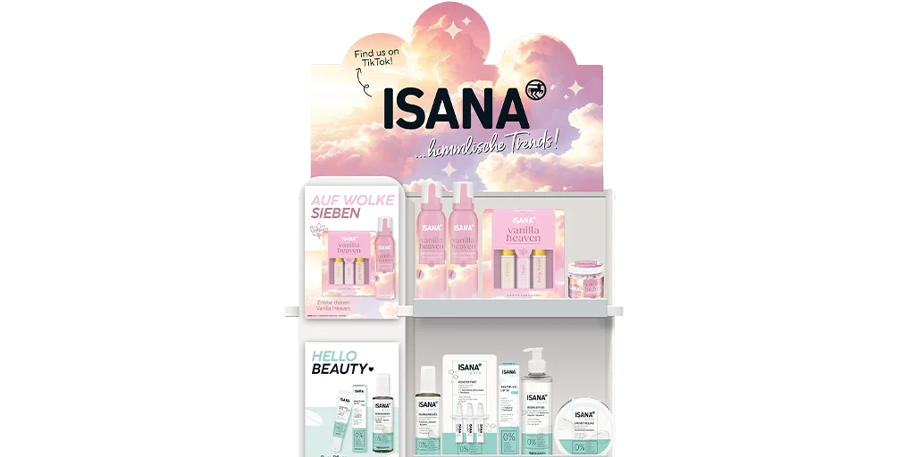 Oberer Teil des ISANA Trendturms, der unter dem Motto 'himmlische Trends' die neuen Produktlinien 'Auf Wolke Sieben' und 'Hello Beauty' vorstellt