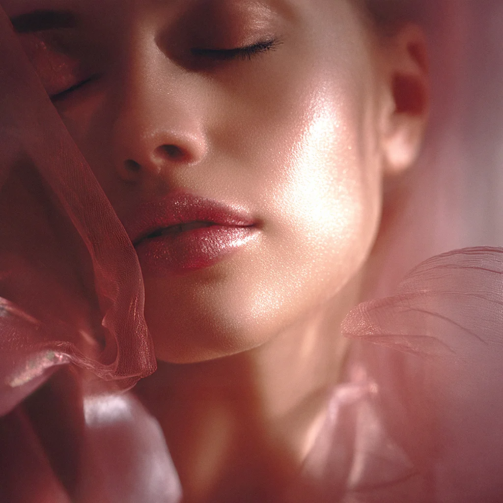 Nahaufnahme eines Frauengesichts mit geschlossenen Augen, das einen strahlenden Glow-Look mit starkem Highlighter und schimmerndem rosa Lipgloss zeigt, umrahmt von einem zarten, rosa Schleier