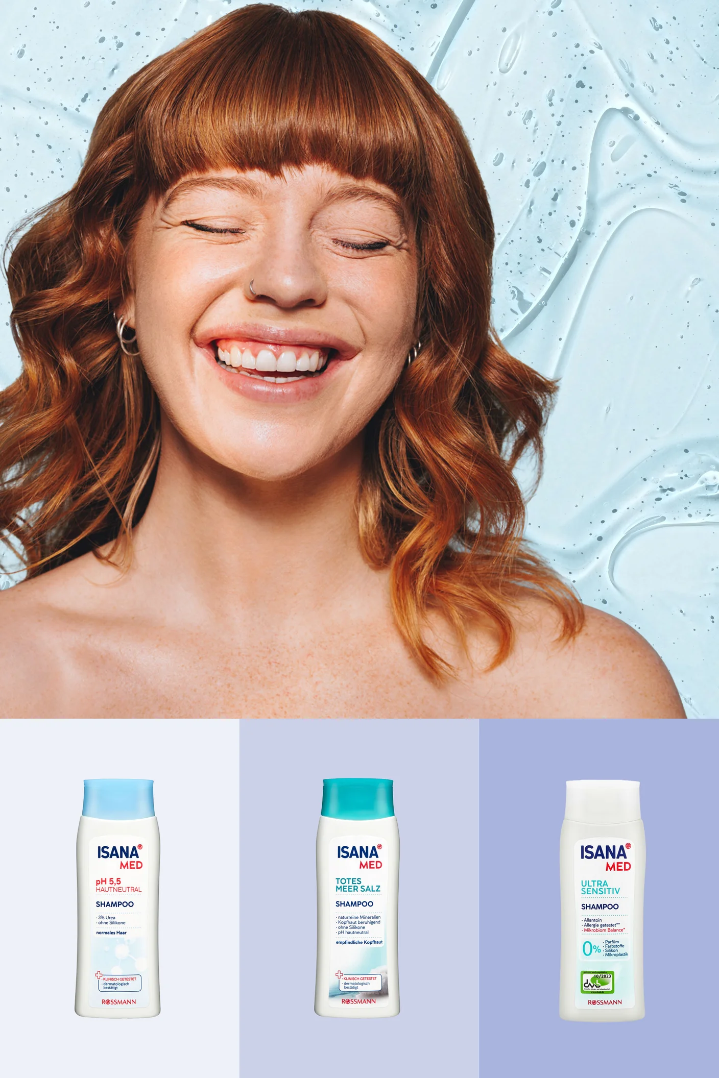 Produktübersicht der ISANA MED Shampoos mit einer lachenden Frau und den drei Varianten: pH 5.5 Hautneutral, Totes Meer Salz und Ultra Sensitiv
