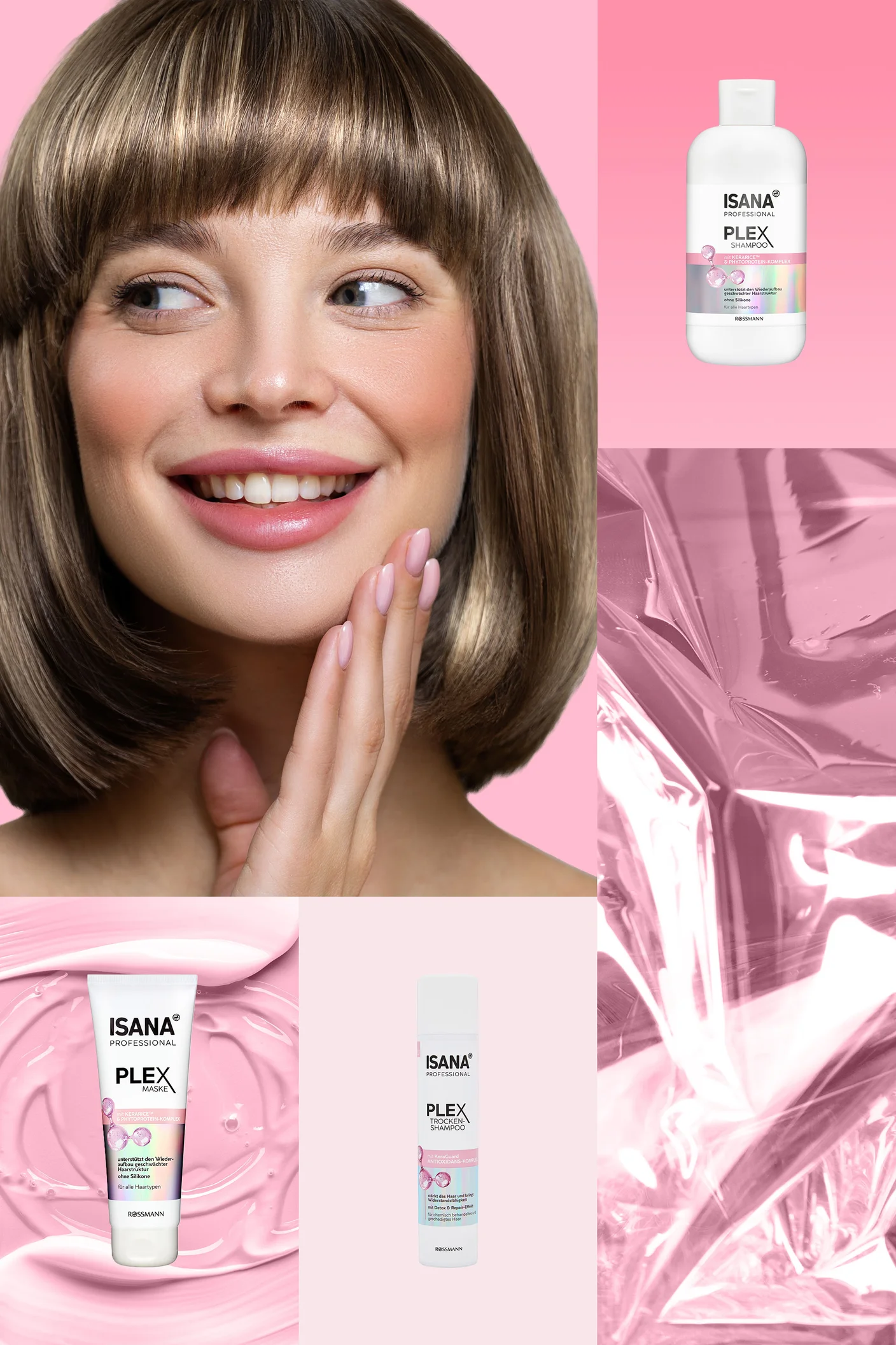Produktcollage der ISANA Professional PLEX Haarpflegeserie mit einer lächelnden Frau und den Produkten Shampoo, Maske und Trockenshampoo