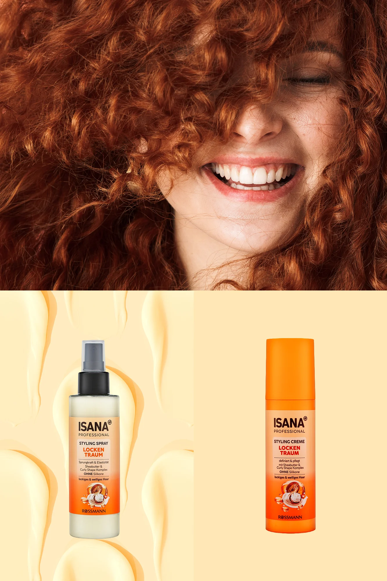 Produktcollage der ISANA Professional Locken Traum Serie mit einer lachenden Frau mit roten Locken sowie dem Styling Spray und der Styling Creme